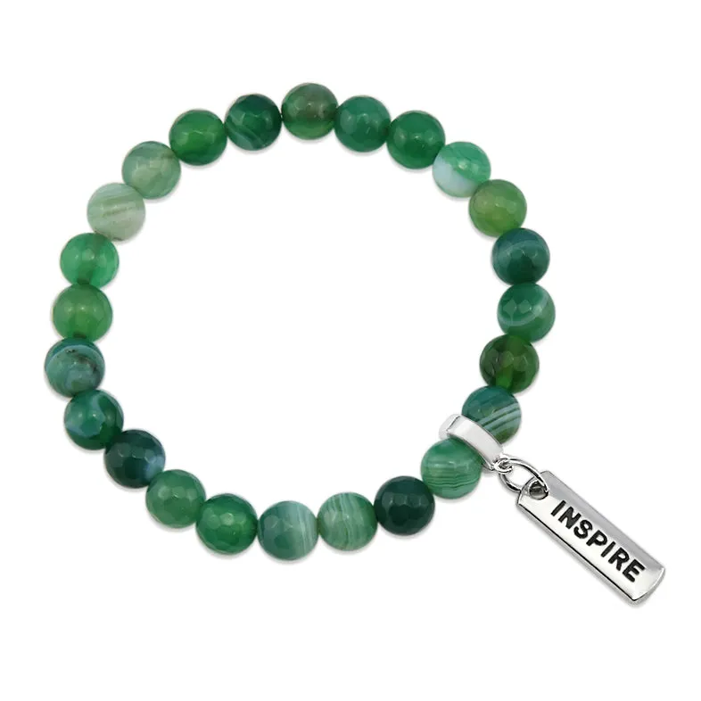 Stone Bracelet - Emerald Green Faceted Agate 8mm Beads - With Silver Word Charms