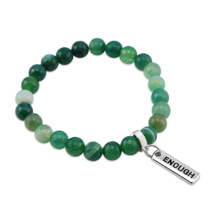 Stone Bracelet - Emerald Green Faceted Agate 8mm Beads - With Silver Word Charms