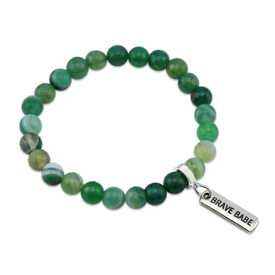 Stone Bracelet - Emerald Green Faceted Agate 8mm Beads - With Silver Word Charms