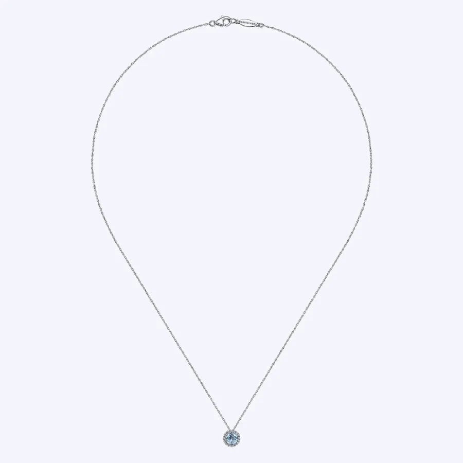 Swiss Blue Topaz and Diamond Halo Pendant Necklace