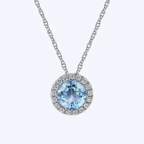 Swiss Blue Topaz and Diamond Halo Pendant Necklace