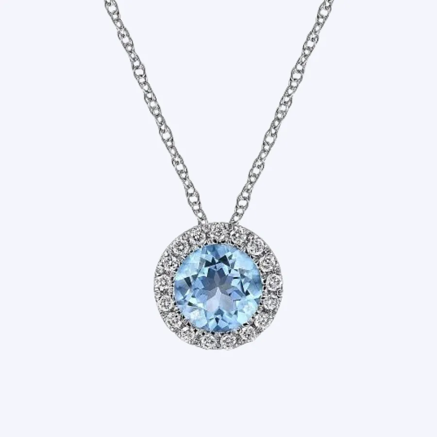 Swiss Blue Topaz and Diamond Halo Pendant Necklace