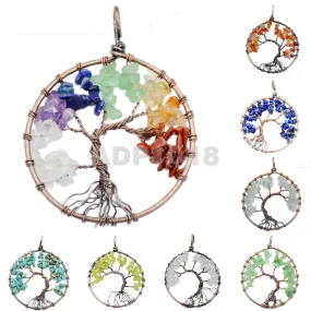 Tree of Life Pendant Necklace Chakra Gemstone 50mm Copper Wrap