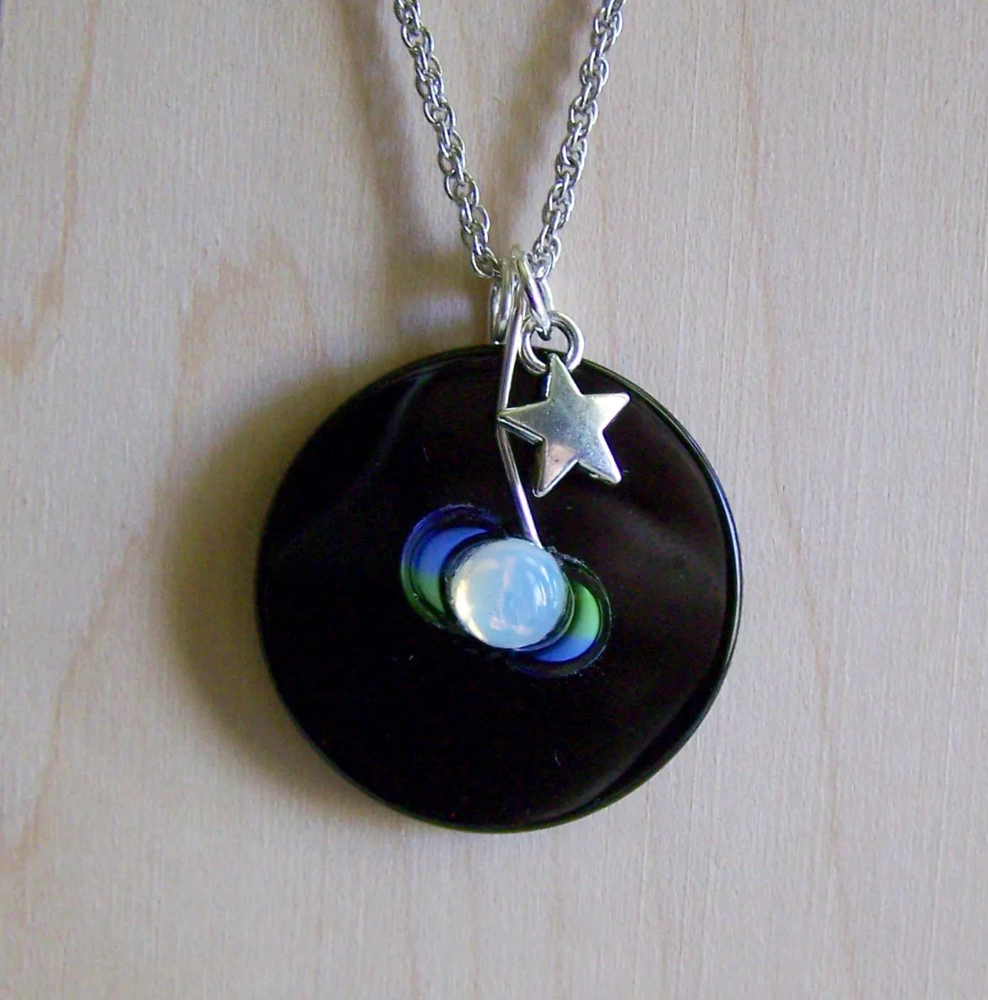 Triple Moon Opalite Black Onyx Disc Pendant Necklace