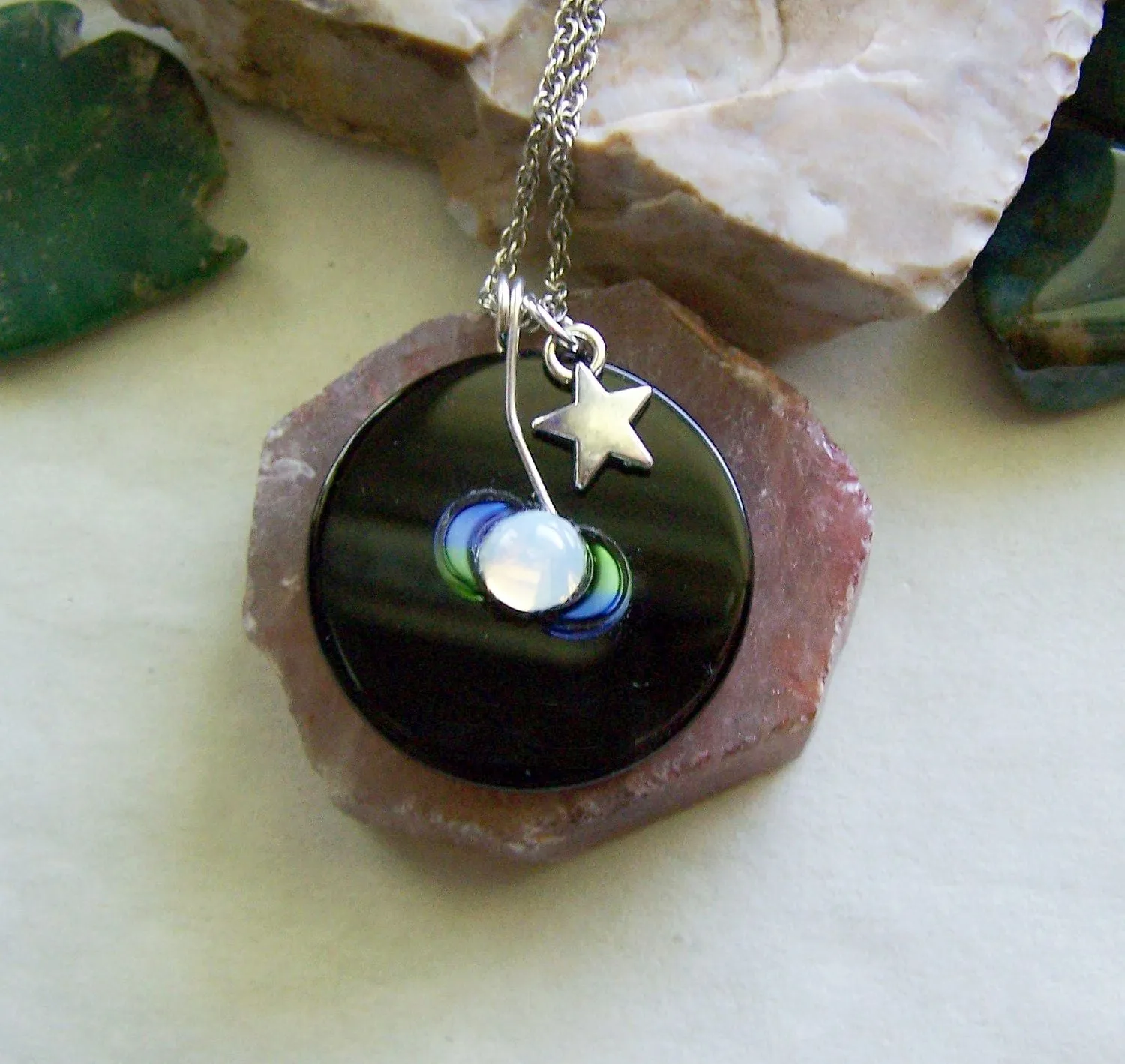 Triple Moon Opalite Black Onyx Disc Pendant Necklace