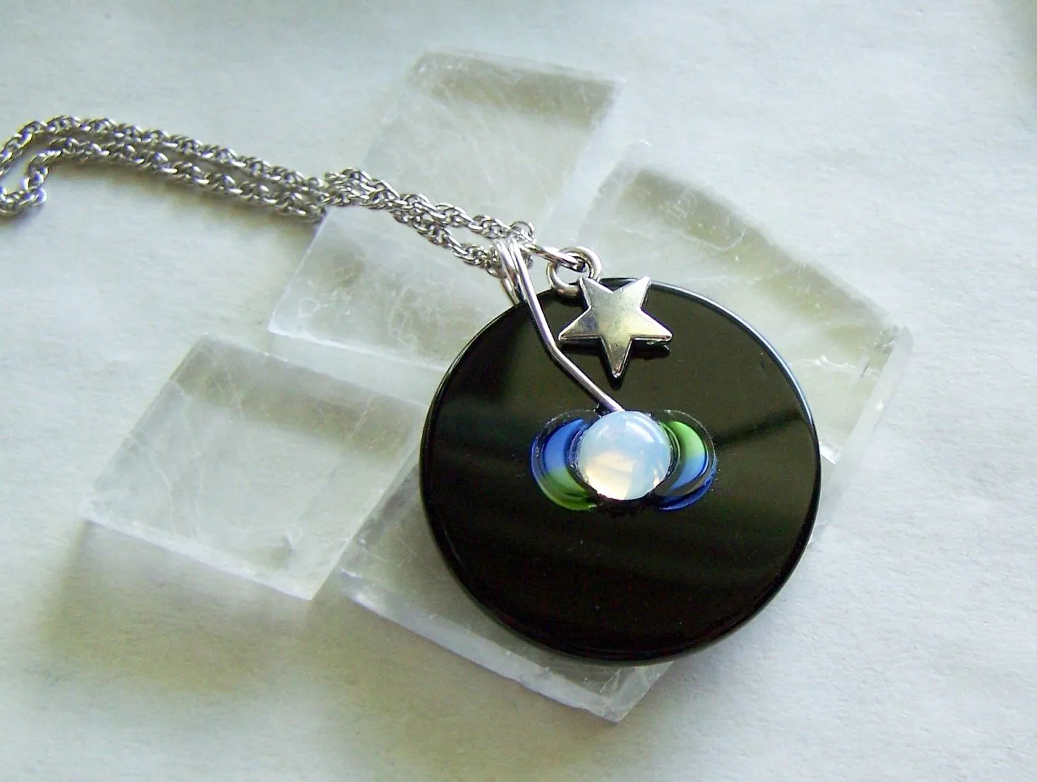 Triple Moon Opalite Black Onyx Disc Pendant Necklace