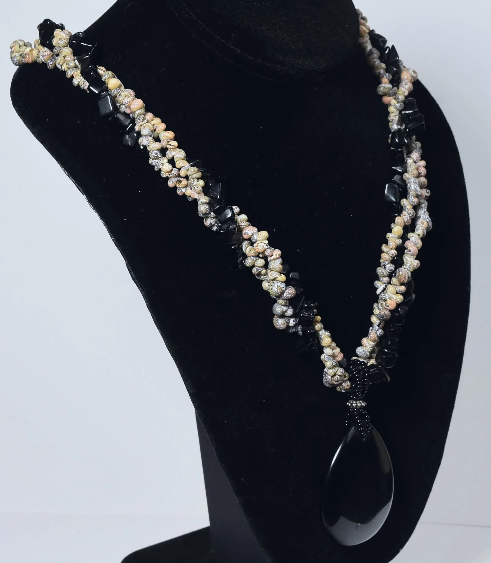 Triple Strand Shell and Black Onyx Necklace with Black Onyx Pendant