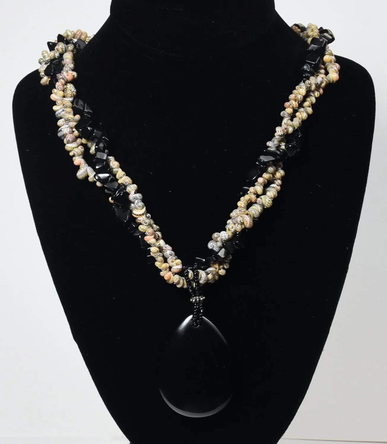 Triple Strand Shell and Black Onyx Necklace with Black Onyx Pendant