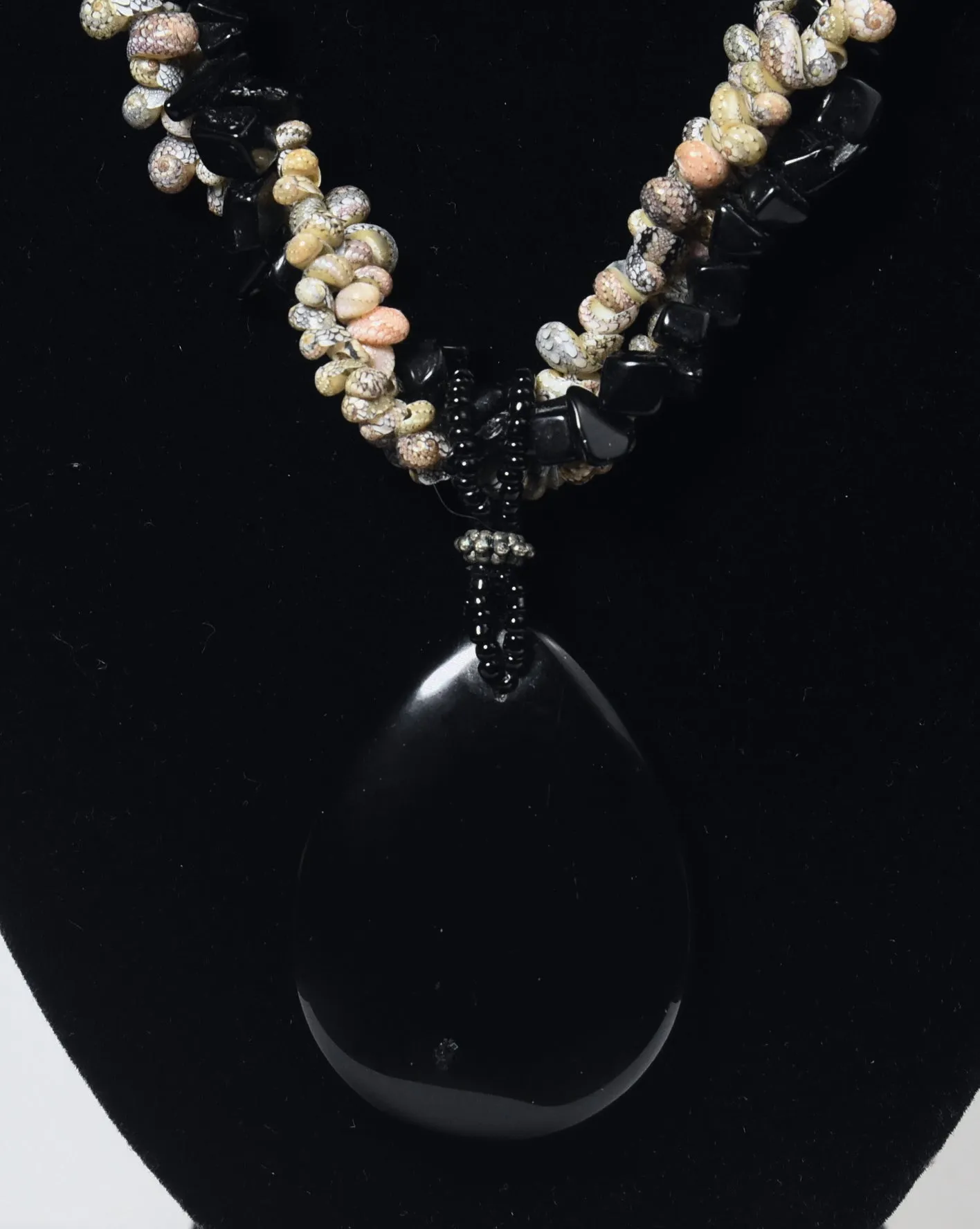 Triple Strand Shell and Black Onyx Necklace with Black Onyx Pendant