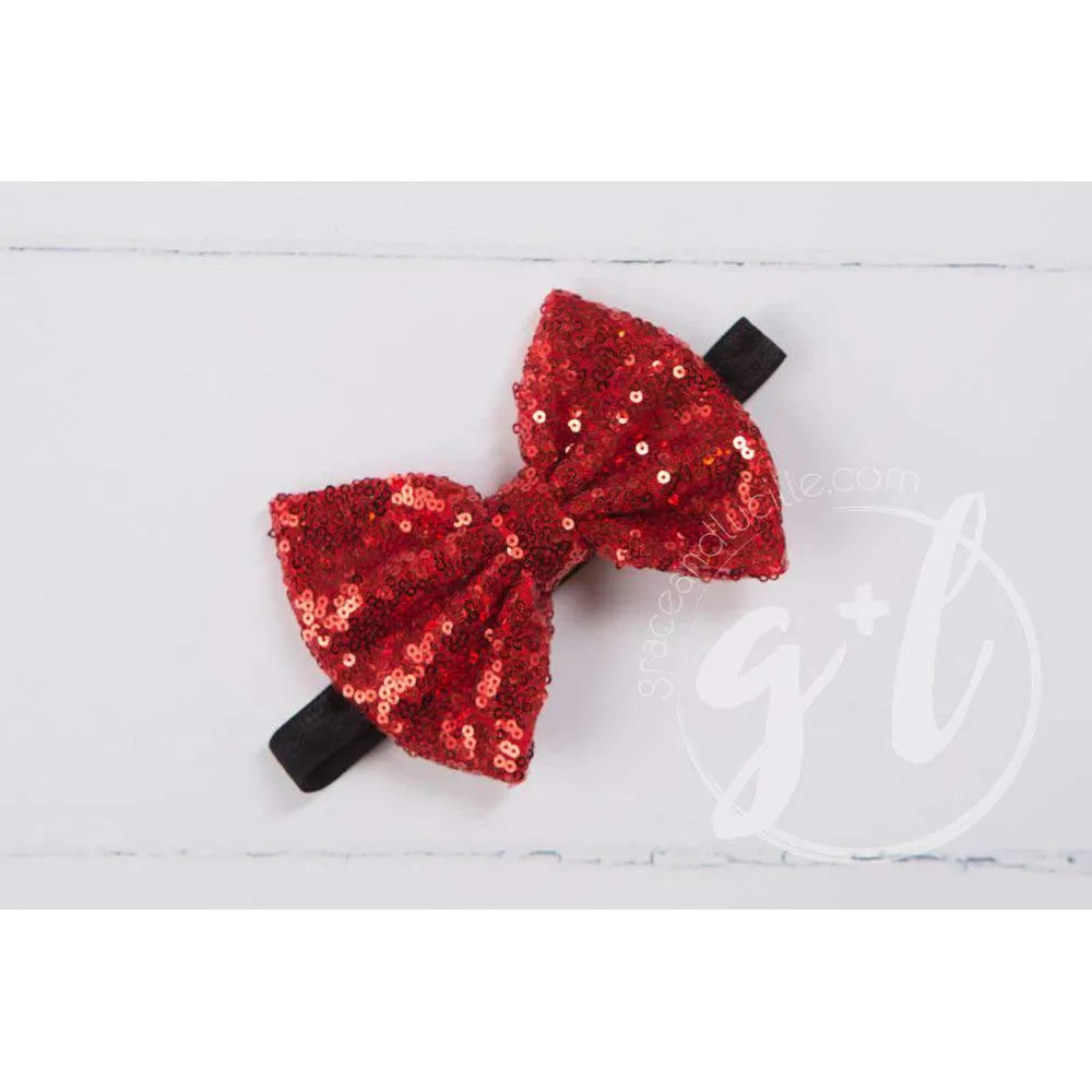 Two-in-One Sequined Bow Headband & Belt, Red Bow on Black Band