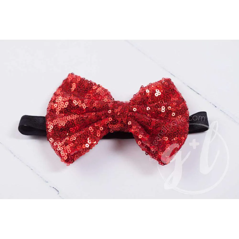 Two-in-One Sequined Bow Headband & Belt, Red Bow on Black Band