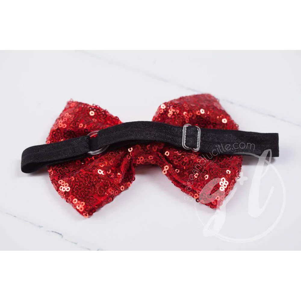 Two-in-One Sequined Bow Headband & Belt, Red Bow on Black Band