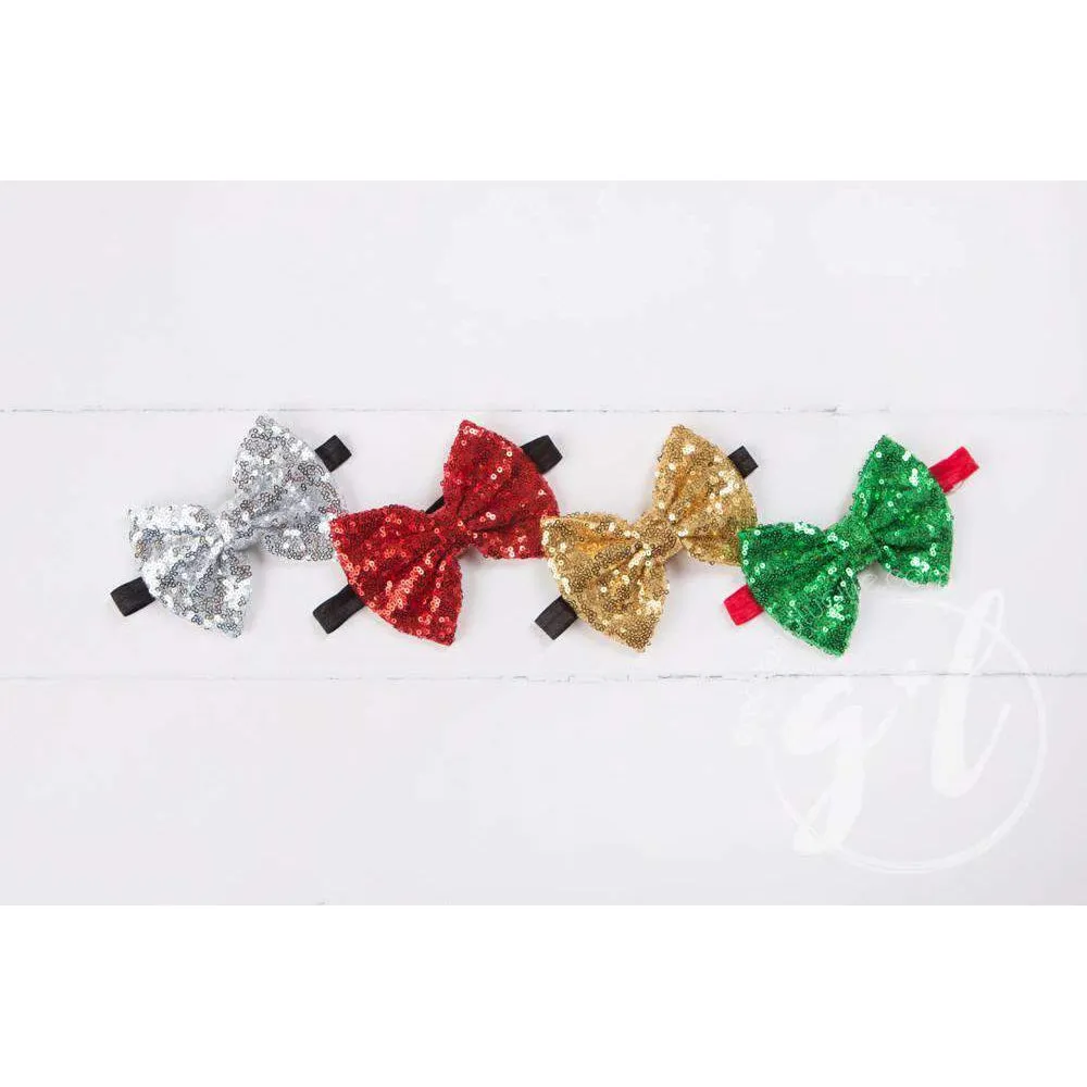 Two-in-One Sequined Bow Headband & Belt, Red Bow on Black Band