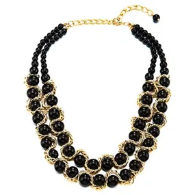 Two-Layers Choker Collar Statement Necklace Black Onyx Beads String with Gold Braided Chain Pendant