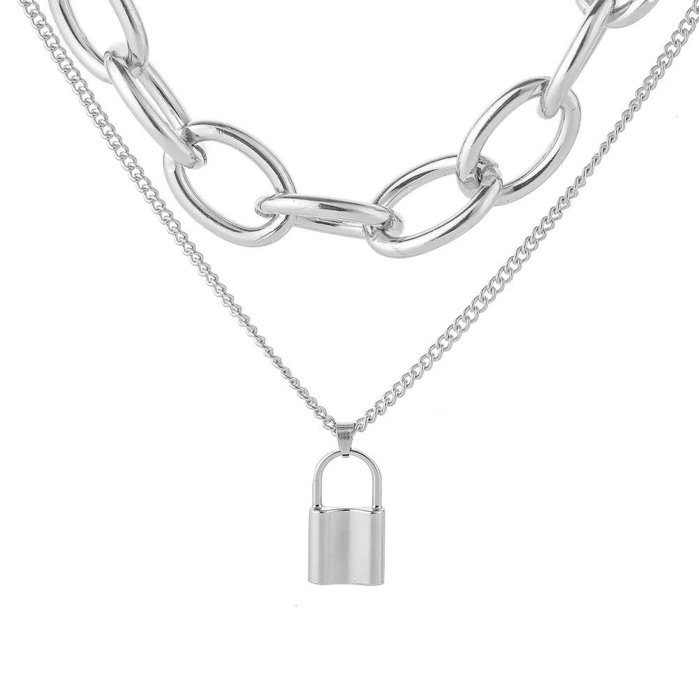 Unique fashion Silver layered aesthetic punk thick Chain Necklace with Lock