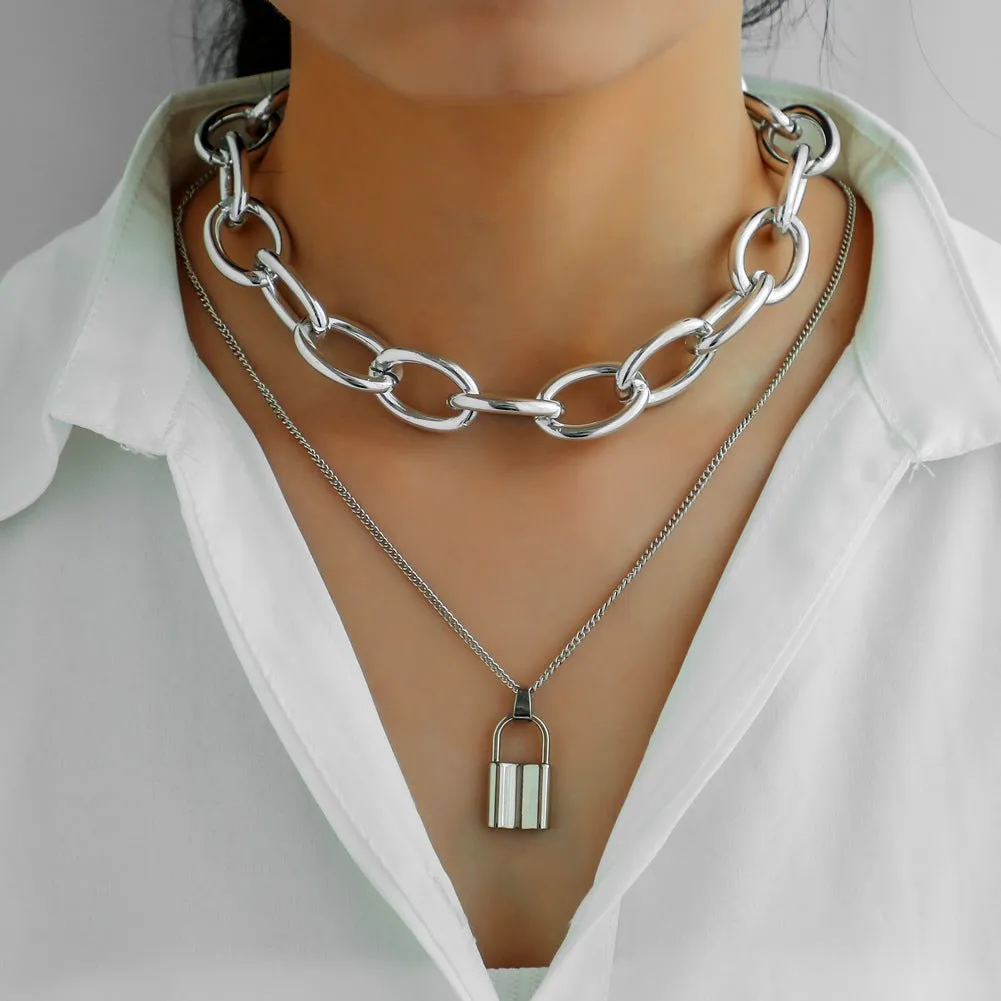 Unique fashion Silver layered aesthetic punk thick Chain Necklace with Lock