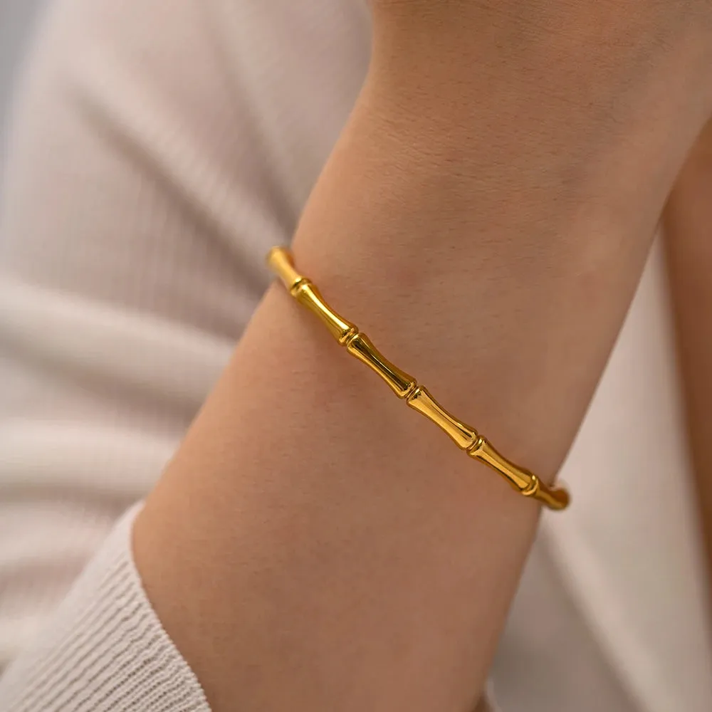 VAIGE New Waterproof 18k Gold Plated Stainless Steel Bamboo Bracelet - Trendy Fashion Bangle Jewelry