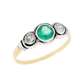 Victorian  14k/Sterling Silver Emerald and Diamond Three Stone Ring