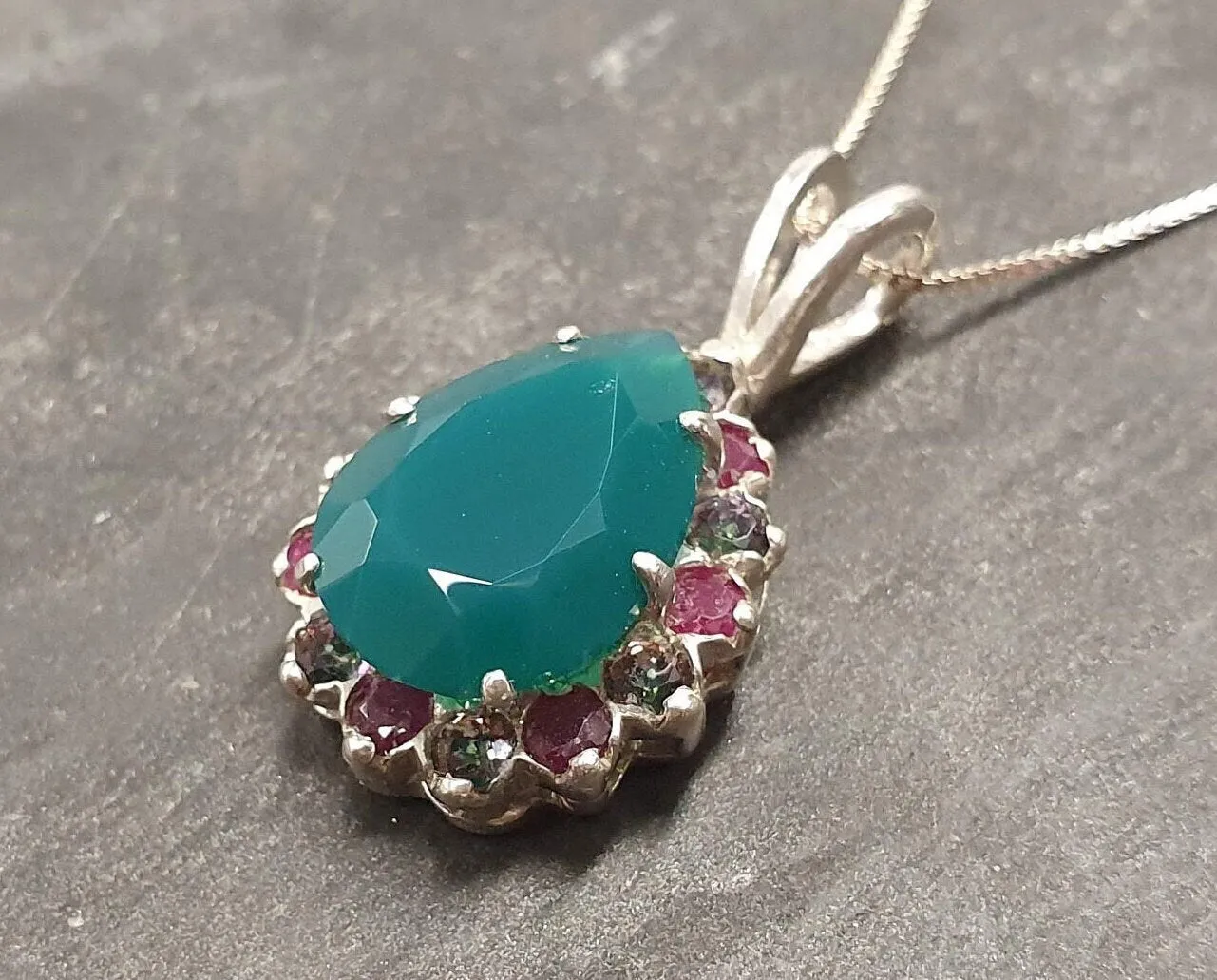 Victorian Emerald Necklace - Green Vintage Pendant - Silver Teardrop Necklace