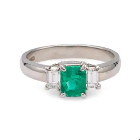 Vintage 0.69 Carat Emerald and Diamond Platinum Three Stone Ring