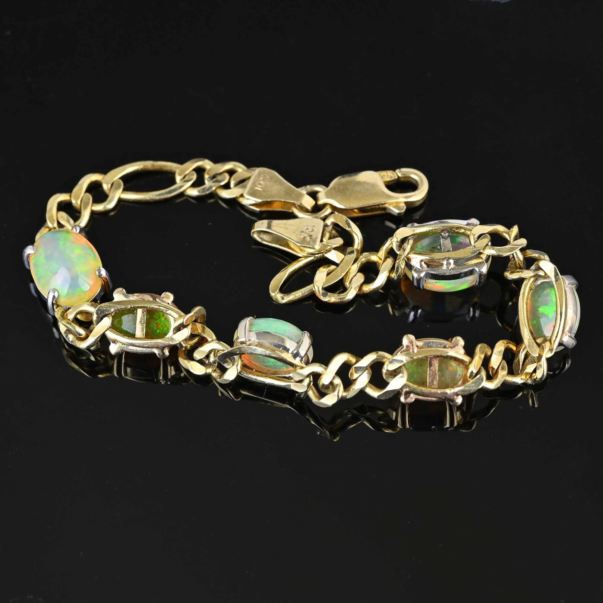 Vintage 10K Gold Curb Chain Opal Tennis Bracelet