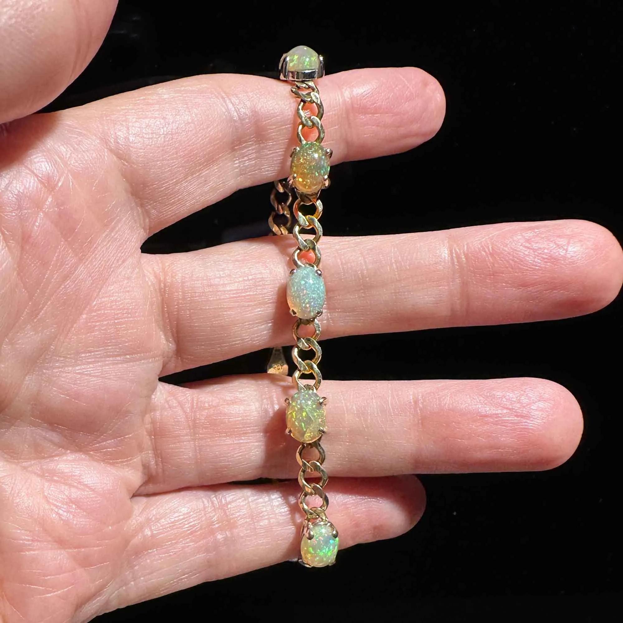 Vintage 10K Gold Curb Chain Opal Tennis Bracelet