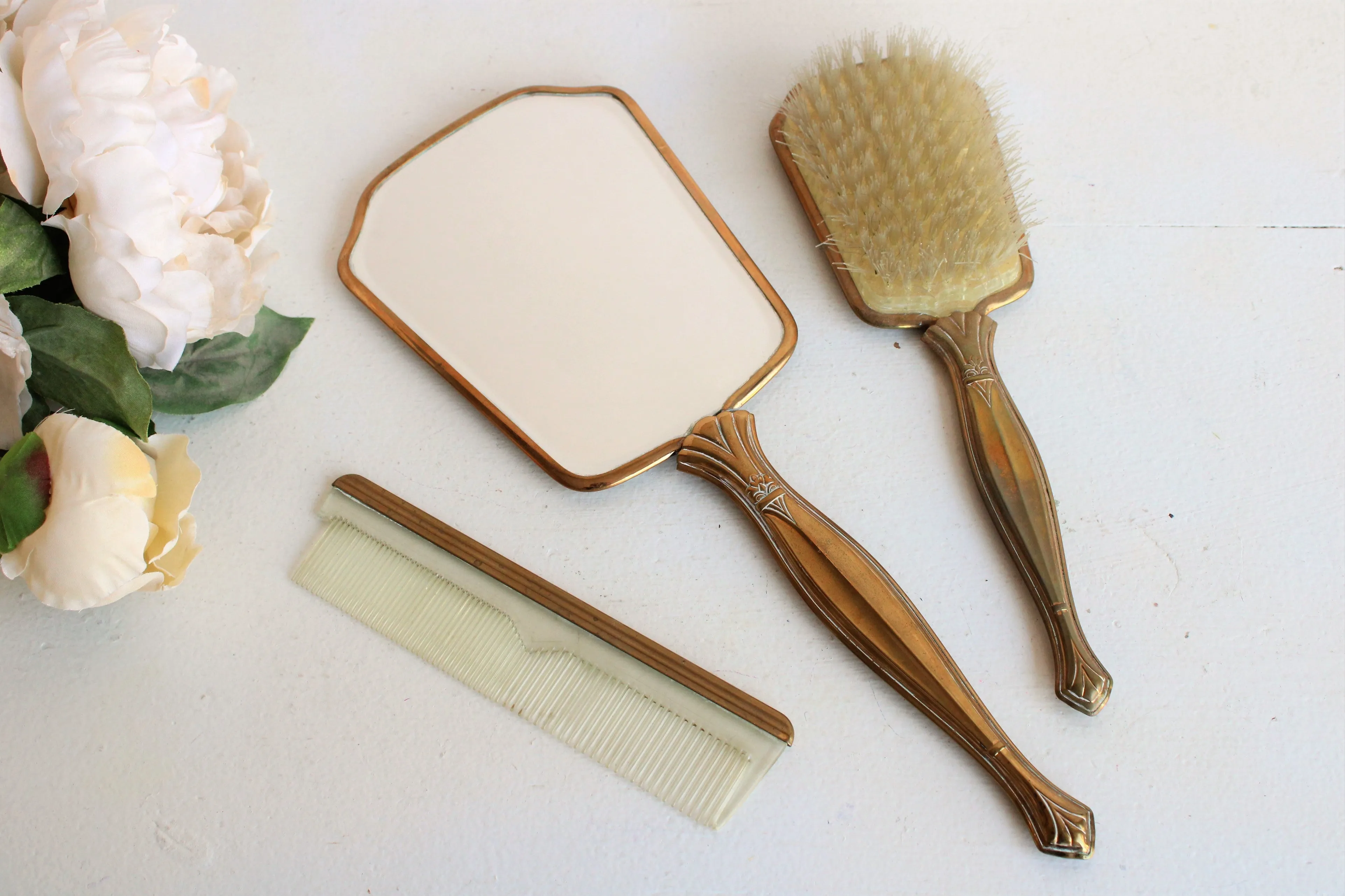 Vintage 1950s Vanity Set of Mirror, Brush and Comb