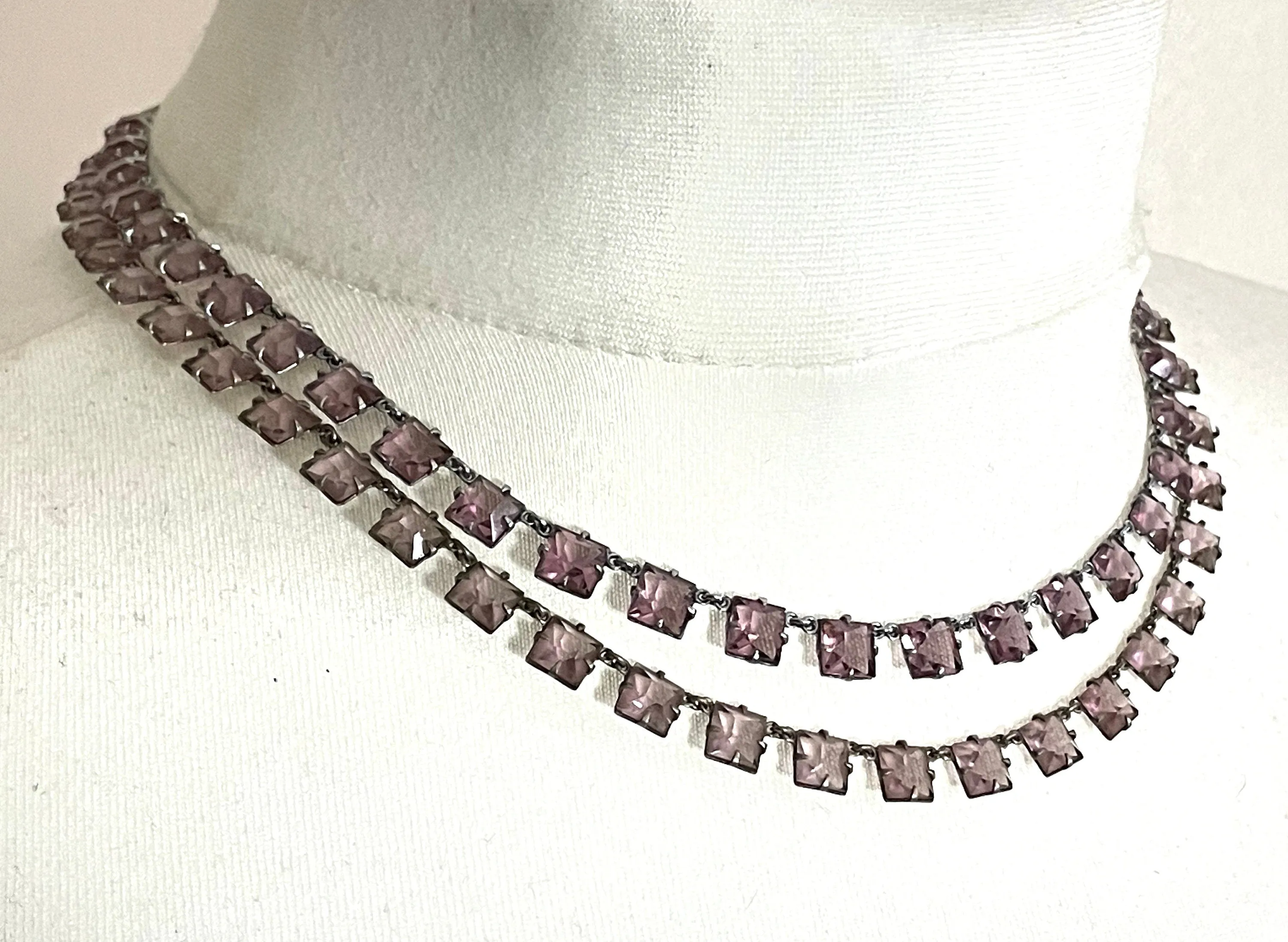 Vintage Art Deco amethyst purple and violet princess cut (square) crystal riviere necklace, double strand, bezel set, open backed