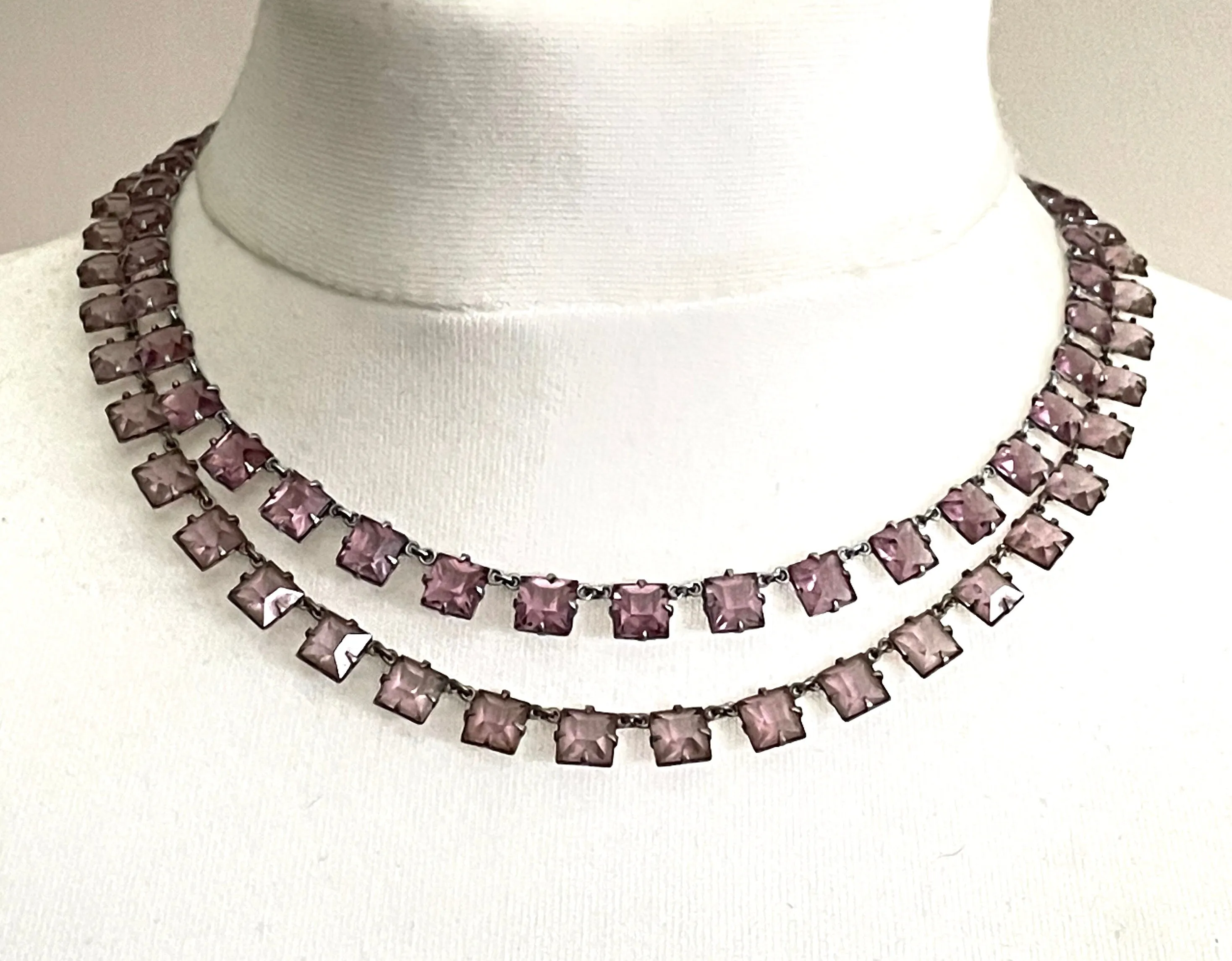 Vintage Art Deco amethyst purple and violet princess cut (square) crystal riviere necklace, double strand, bezel set, open backed