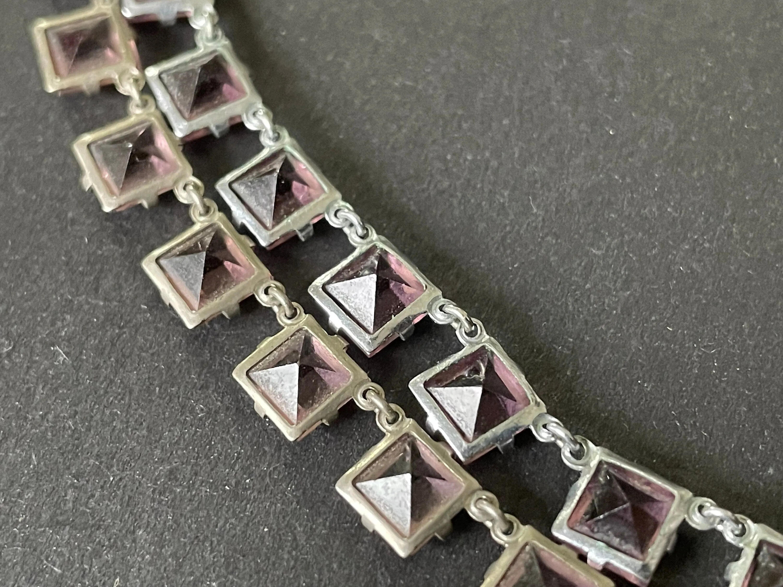 Vintage Art Deco amethyst purple and violet princess cut (square) crystal riviere necklace, double strand, bezel set, open backed