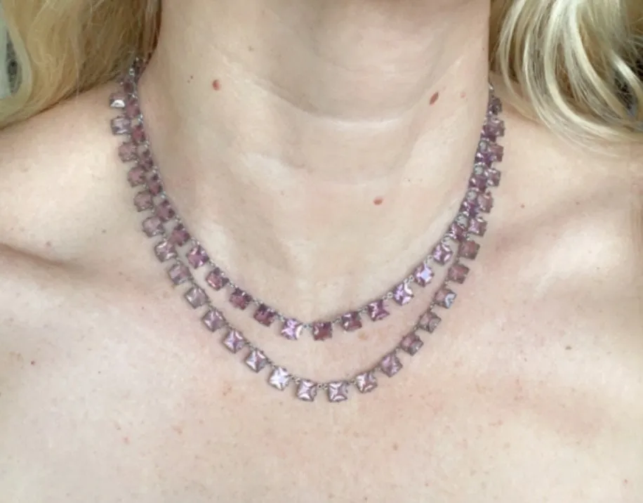 Vintage Art Deco amethyst purple and violet princess cut (square) crystal riviere necklace, double strand, bezel set, open backed