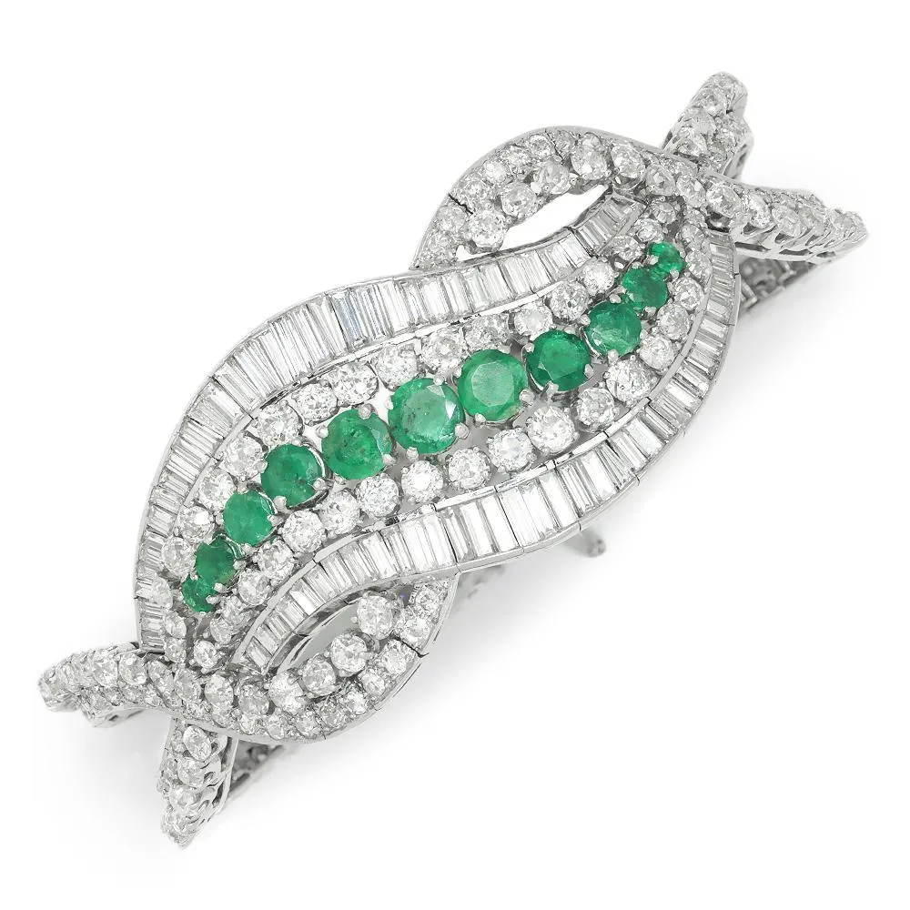 Vintage Emerald Ribbon Bracelet with Diamonds in Platinum