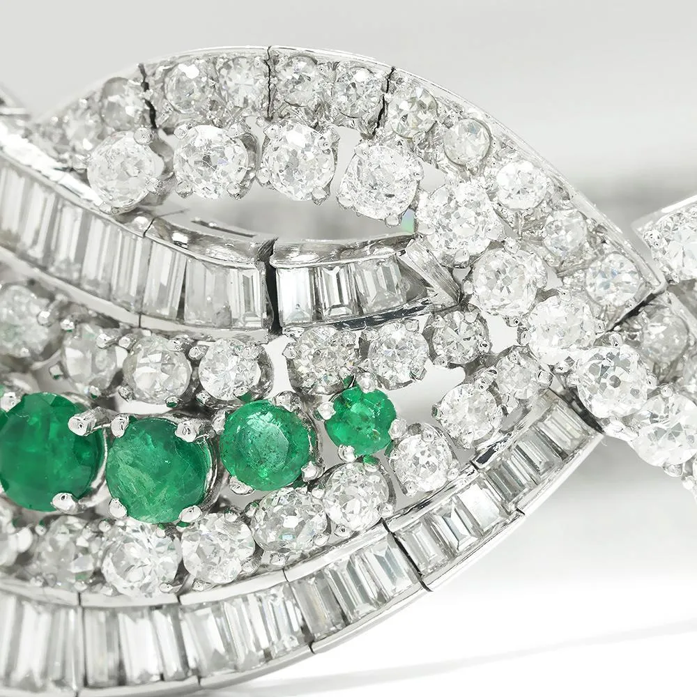 Vintage Emerald Ribbon Bracelet with Diamonds in Platinum