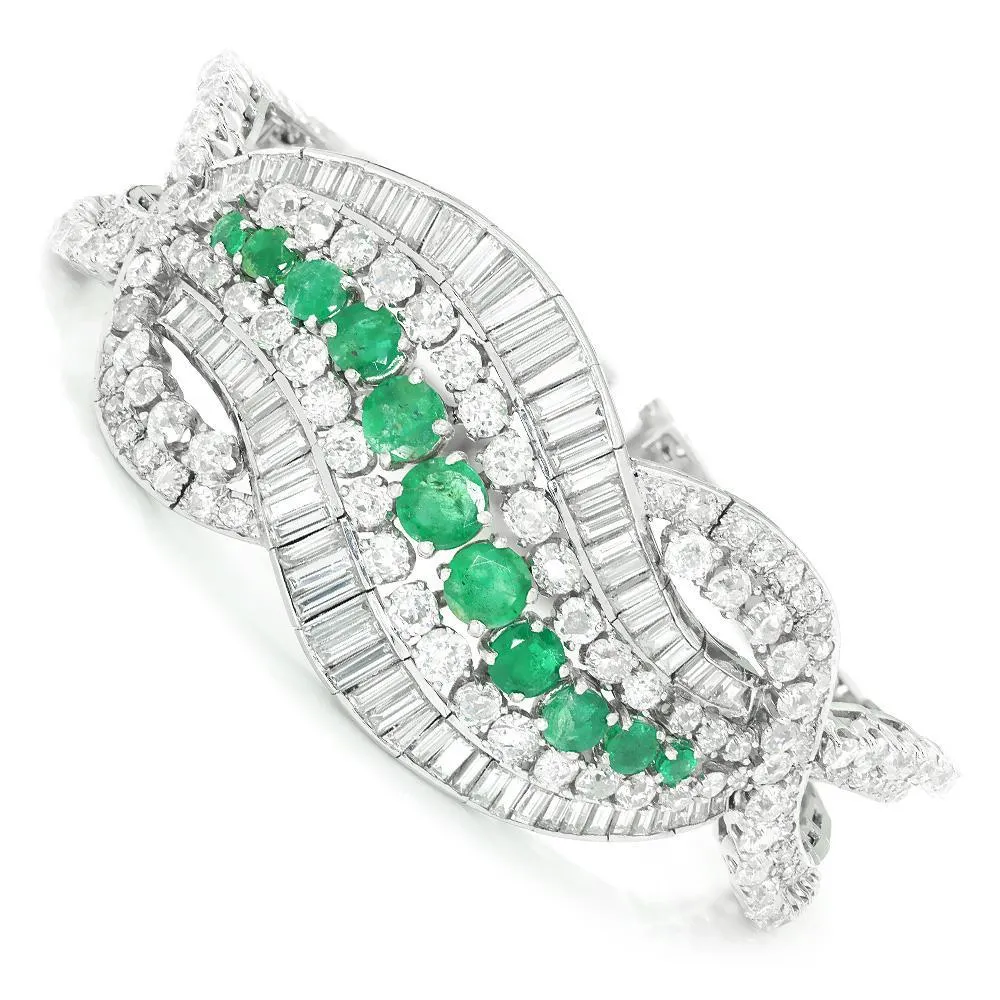 Vintage Emerald Ribbon Bracelet with Diamonds in Platinum