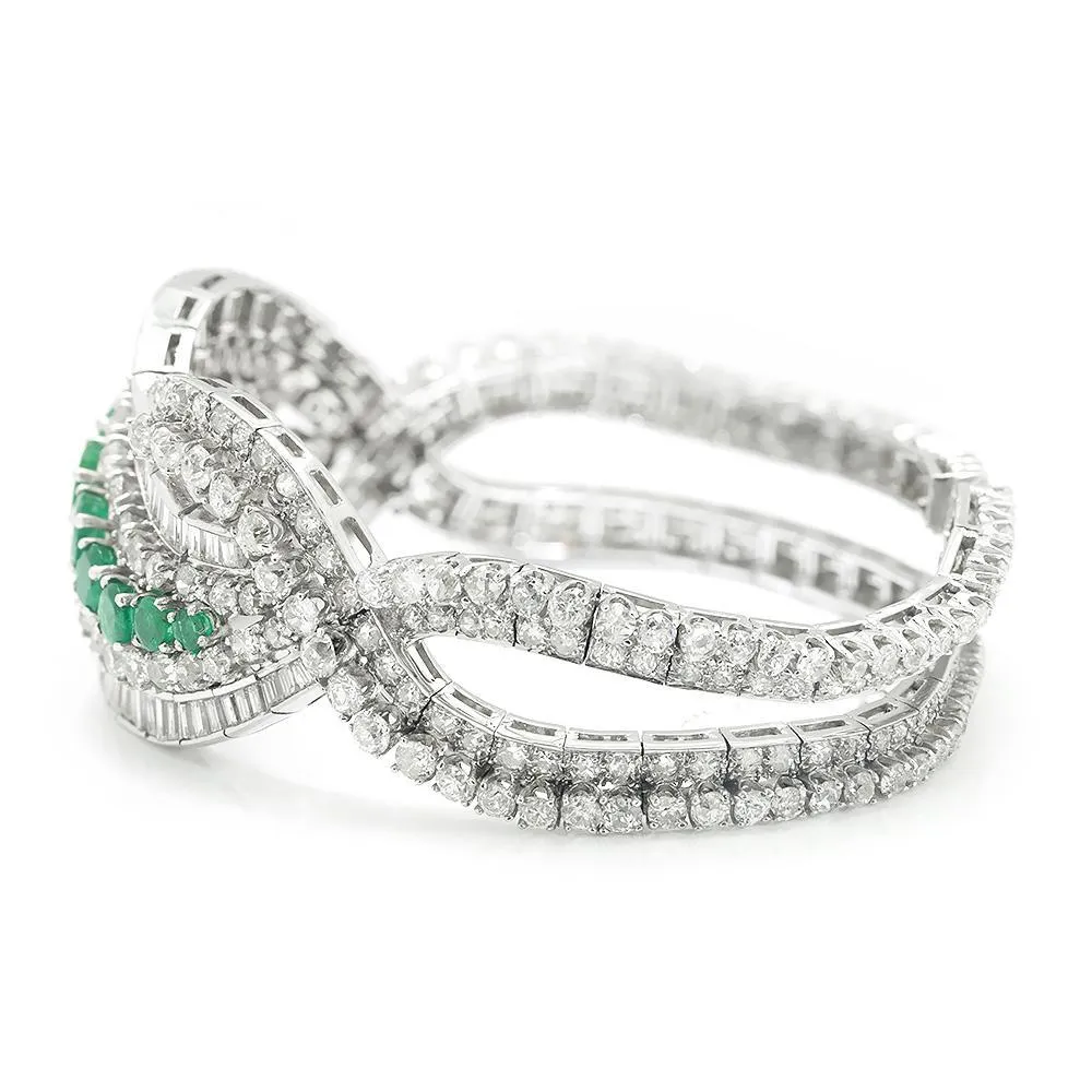 Vintage Emerald Ribbon Bracelet with Diamonds in Platinum