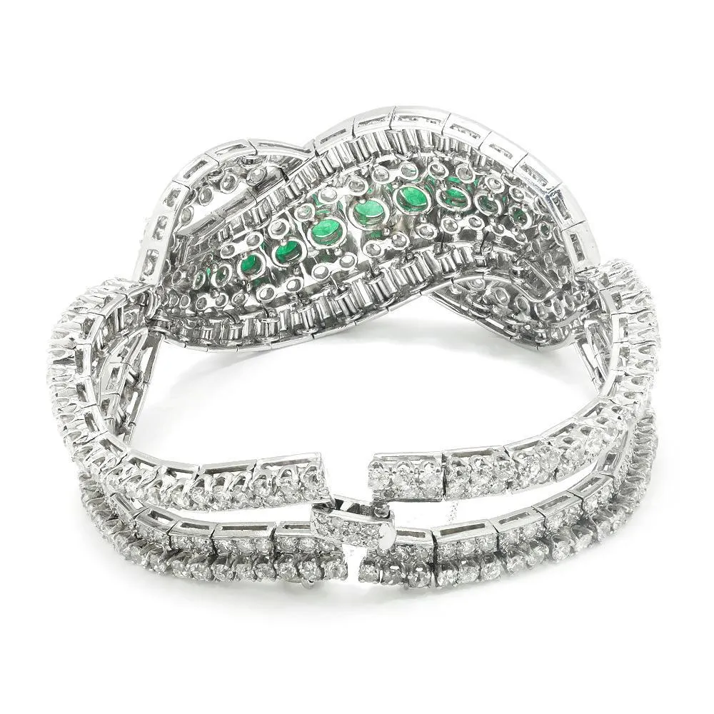 Vintage Emerald Ribbon Bracelet with Diamonds in Platinum