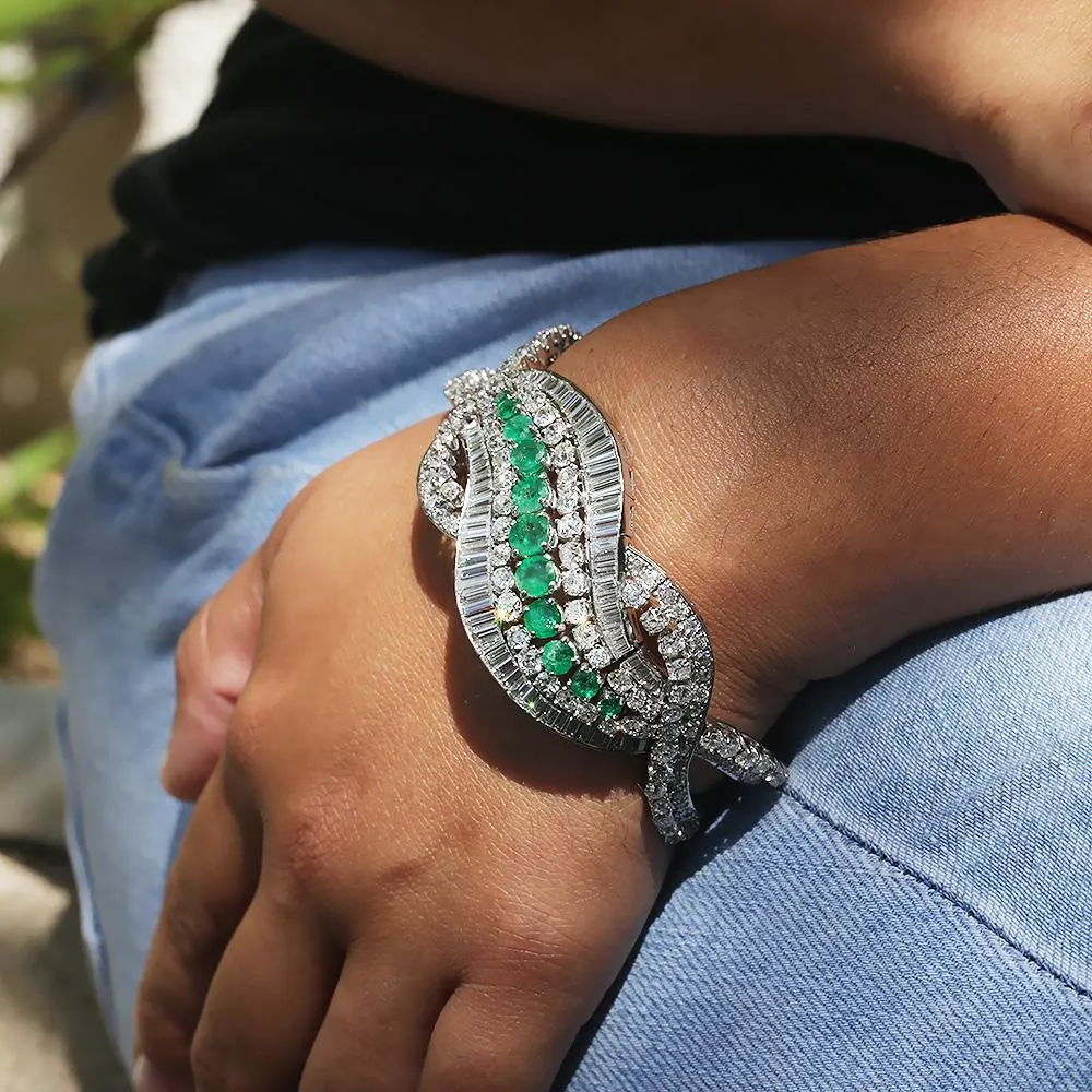 Vintage Emerald Ribbon Bracelet with Diamonds in Platinum