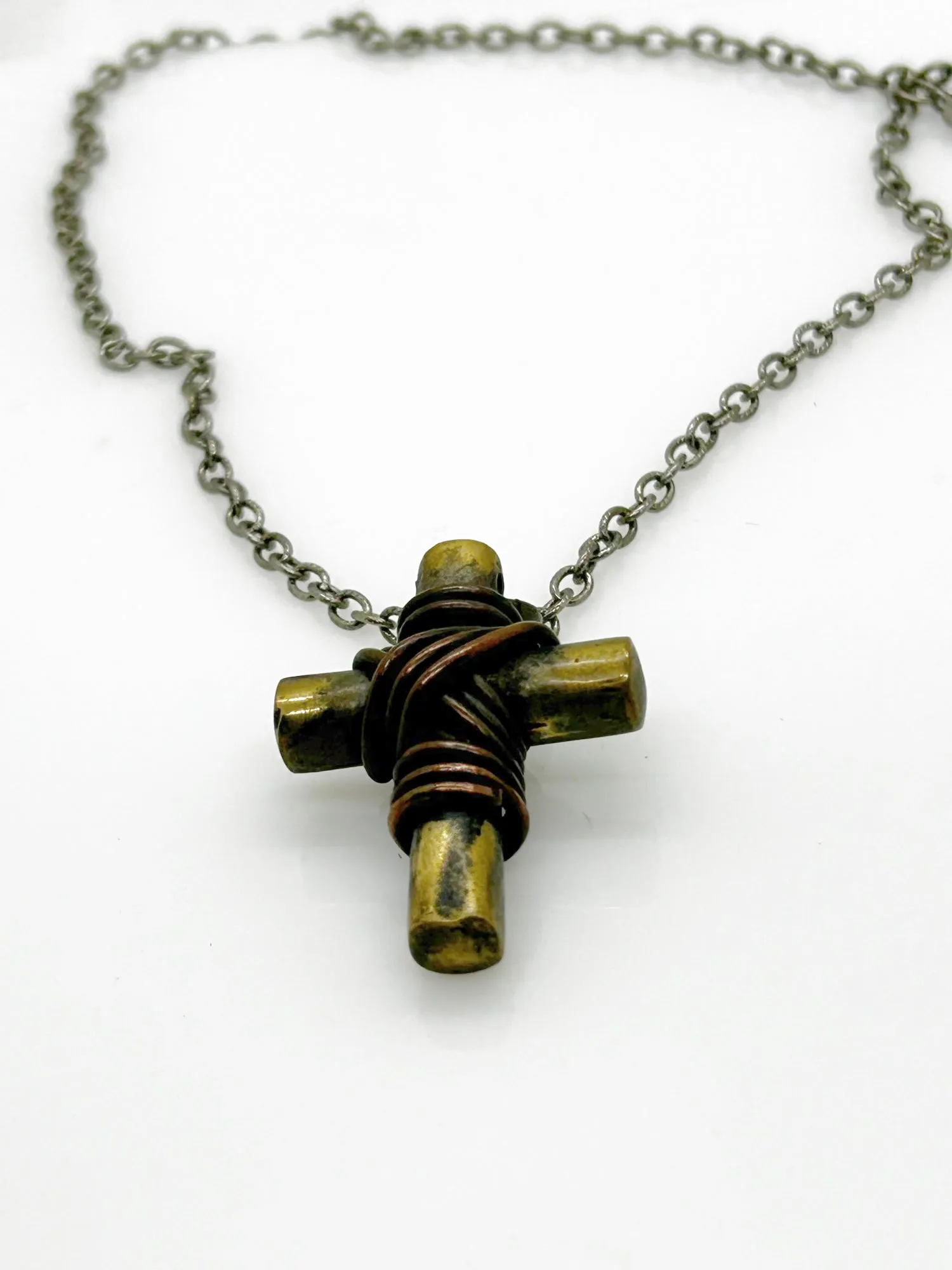 Vintage Rugged Brass Cross Necklace on Chain