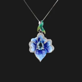 Vintage Sterling Silver Enamel Blue Topaz Flower Pendant Necklace