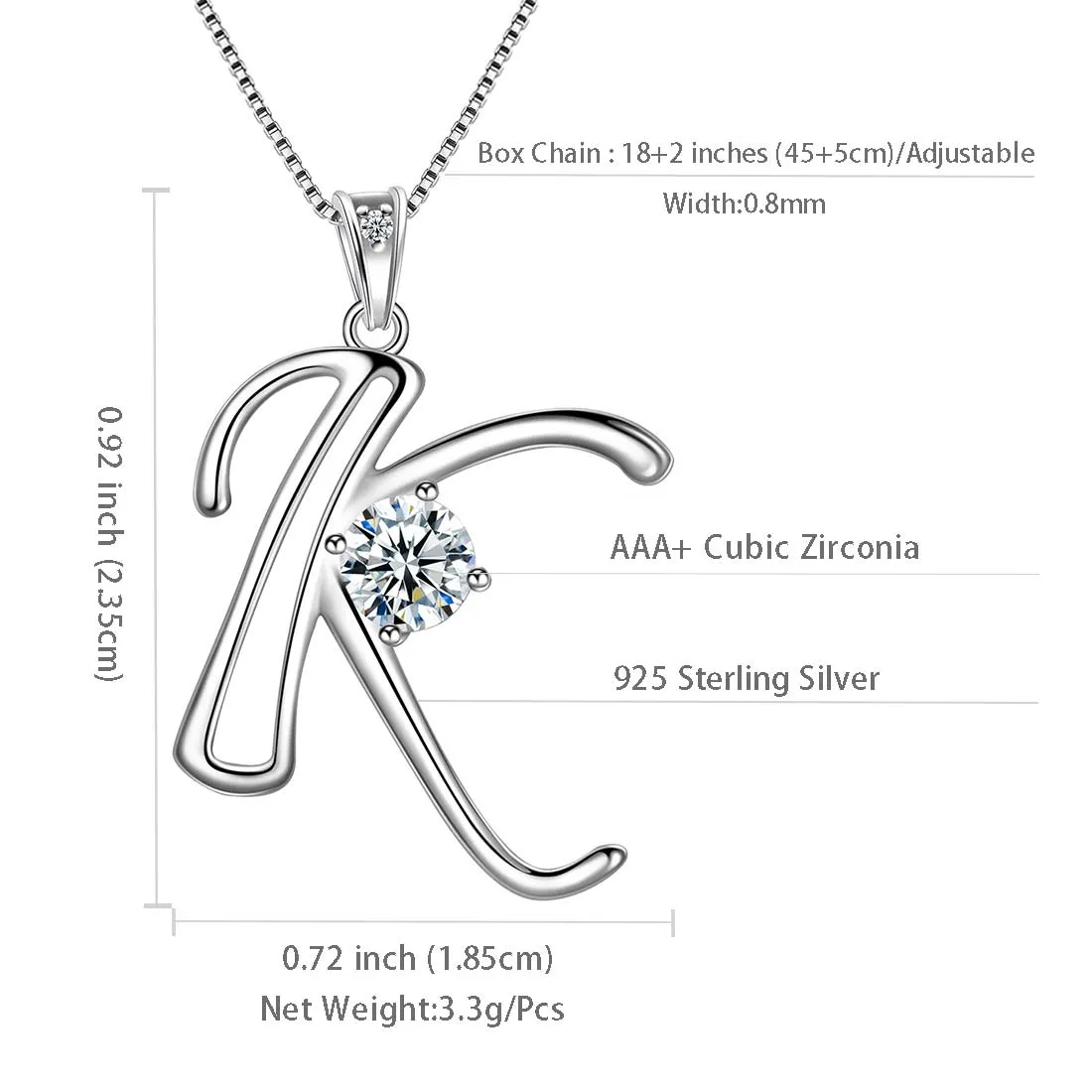 Women Initial K Letter Pendant Necklace Girl Name Jewelry Gift 925 Sterling Silver