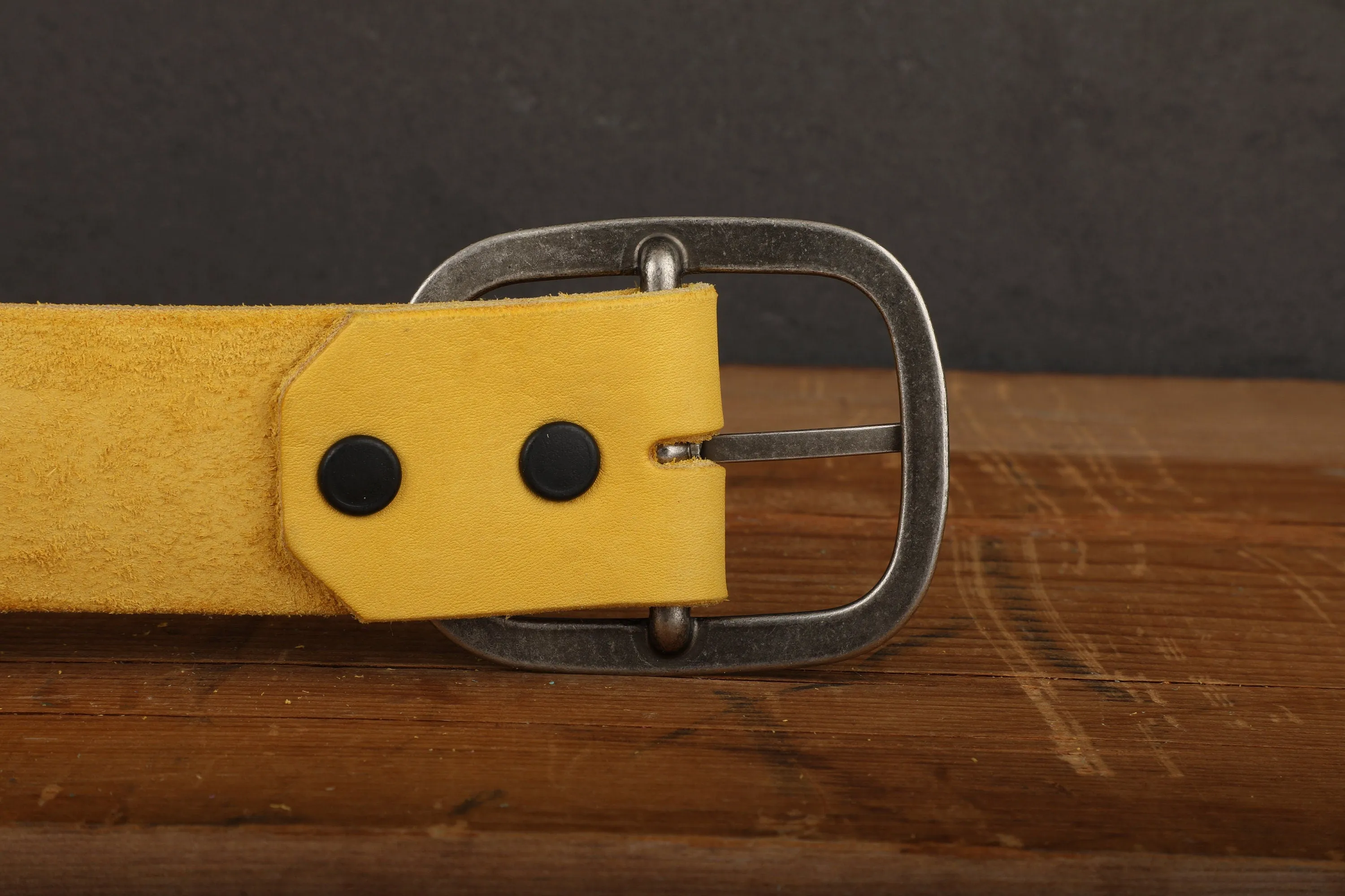 Yellow Leather Belt Snap Closure with Antique Silver Toned Nickel Buckle