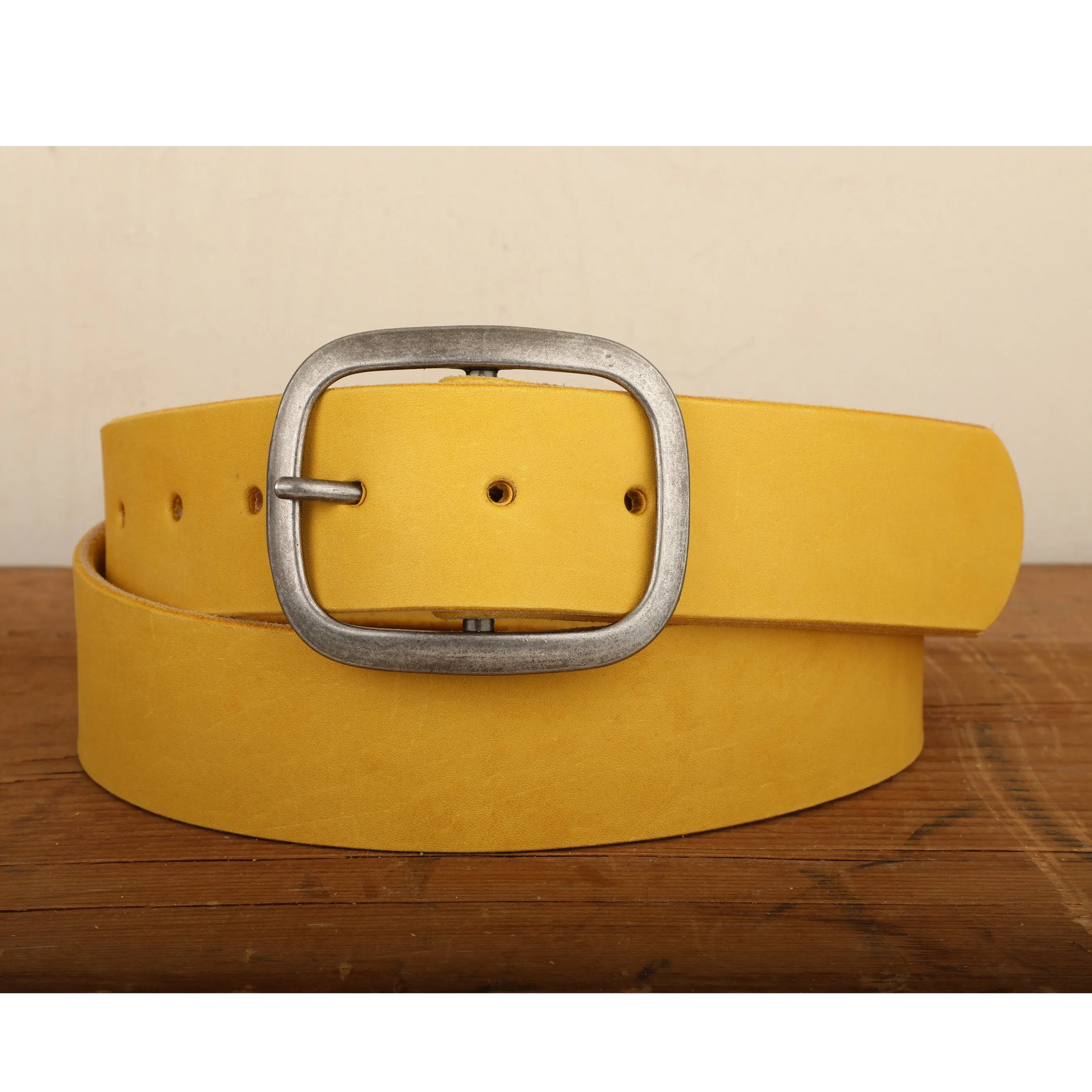 Yellow Leather Belt Snap Closure with Antique Silver Toned Nickel Buckle