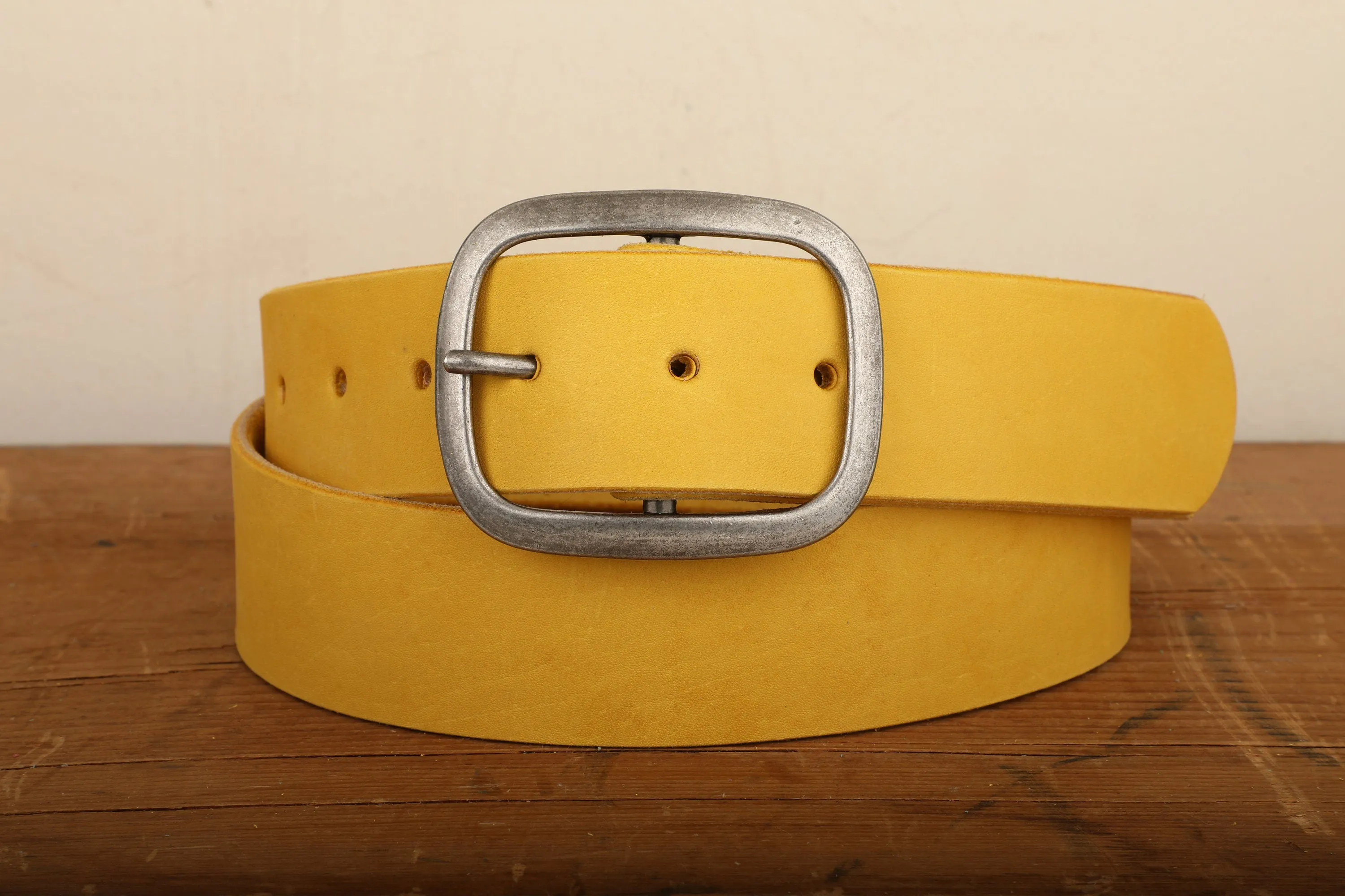 Yellow Leather Belt Snap Closure with Antique Silver Toned Nickel Buckle