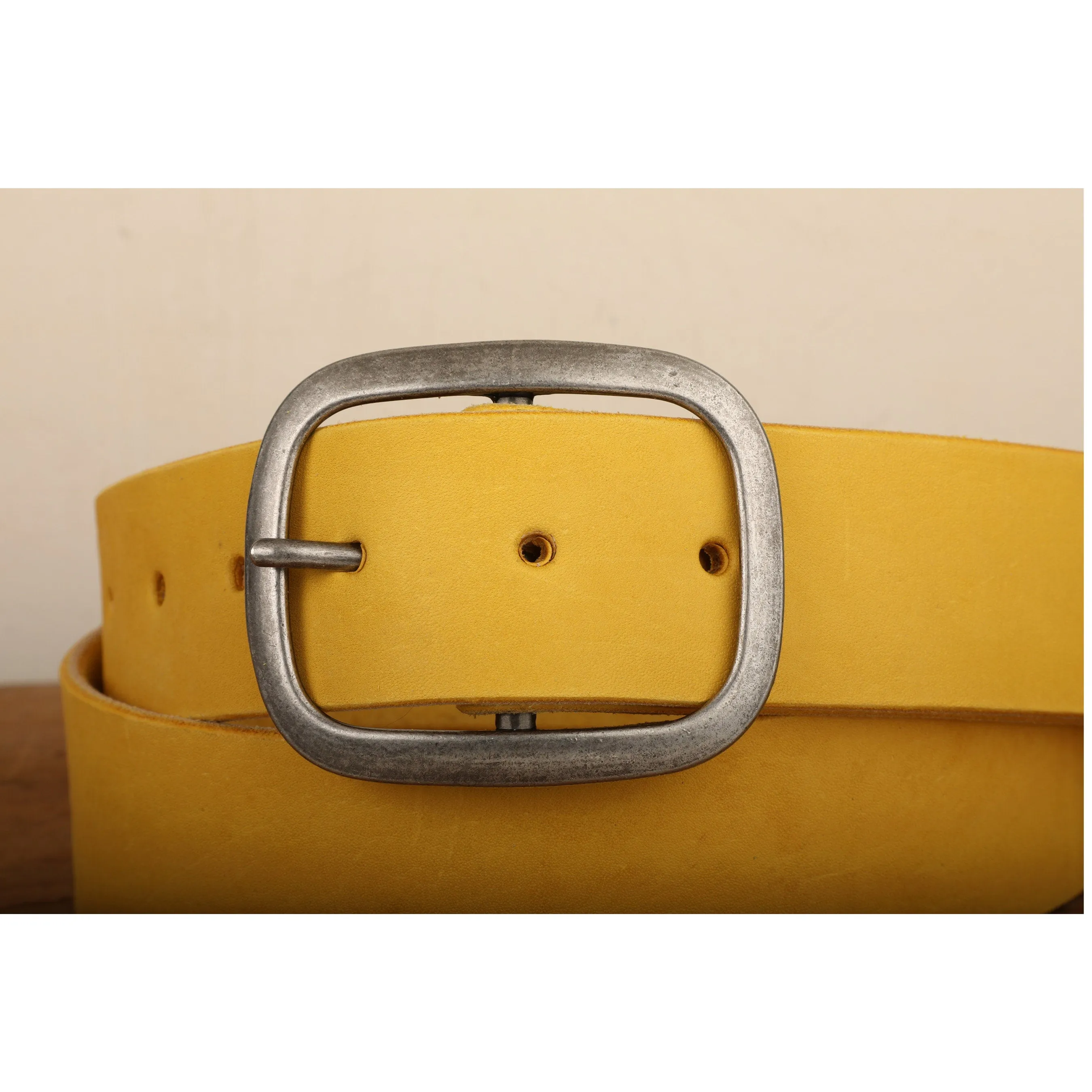 Yellow Leather Belt Snap Closure with Antique Silver Toned Nickel Buckle